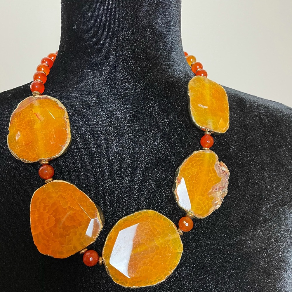 Handmade and hand tumbled stone orange statement necklace